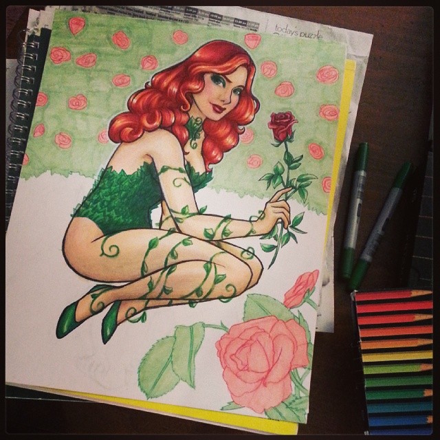 WIP Poison Ivy Pin Up using Copic Markers and Prismacolor Colored Pencils